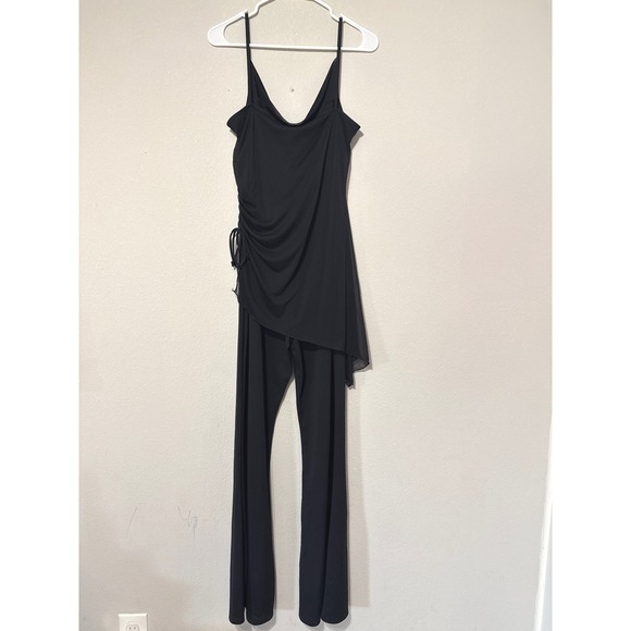 Y2K Lipstick Jumpsuit Large Black Flare Bell Drape Chiffon Asymmetric Witchy Vtg - Picture 2 of 7